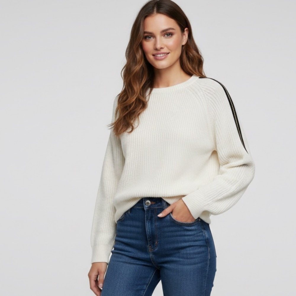 Karl lagerfeld ivory knit sweater black metallic gold stripe crewneck - Picture 1 of 3